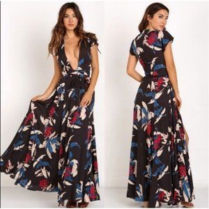 NWT Tularosa Sid Wrap Dress Black Floral Short Sleeve V Neck Maxi Multicolor S